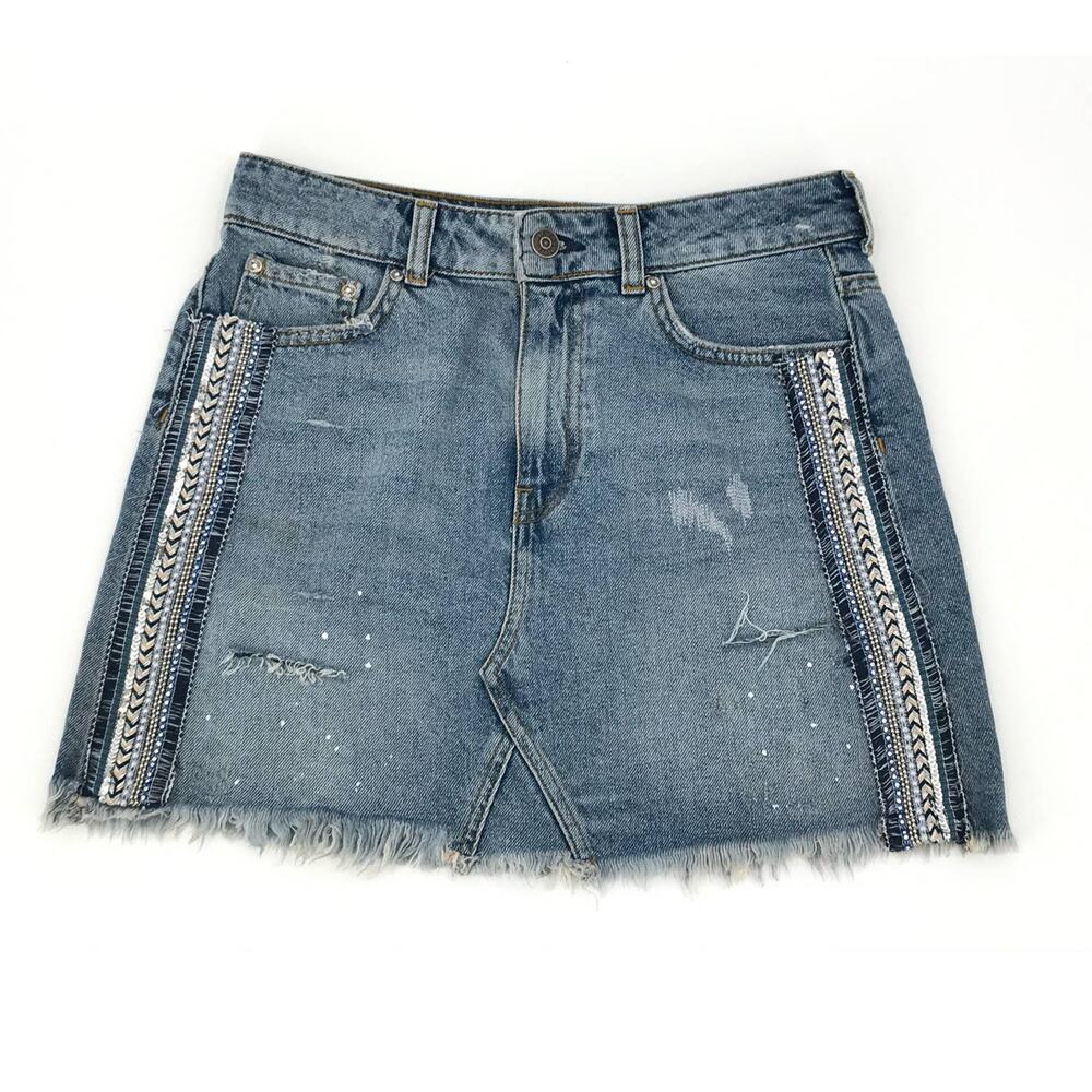 Free People Light Wash Embellished Denim Mini Skirt Size 2